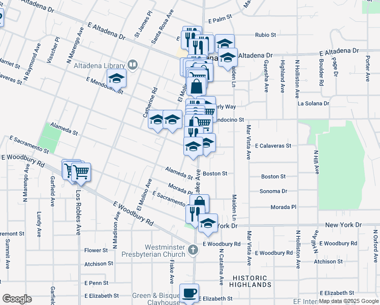 map of restaurants, bars, coffee shops, grocery stores, and more near 2210 Crawford Avenue in Altadena