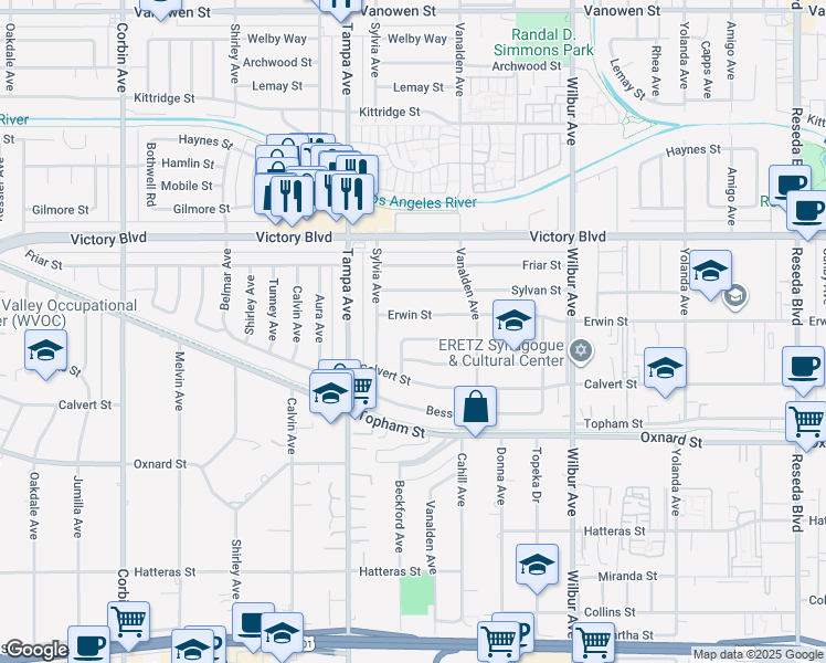 map of restaurants, bars, coffee shops, grocery stores, and more near 19169 Jovan Street in Los Angeles