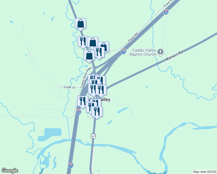 map of restaurants, bars, coffee shops, grocery stores, and more near 115 Malvern Road in Caddo Valley