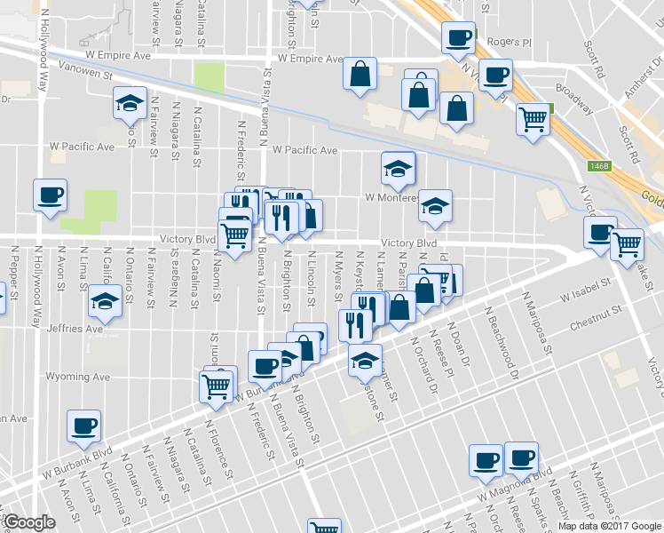 map of restaurants, bars, coffee shops, grocery stores, and more near 1325 North Myers Street in Burbank