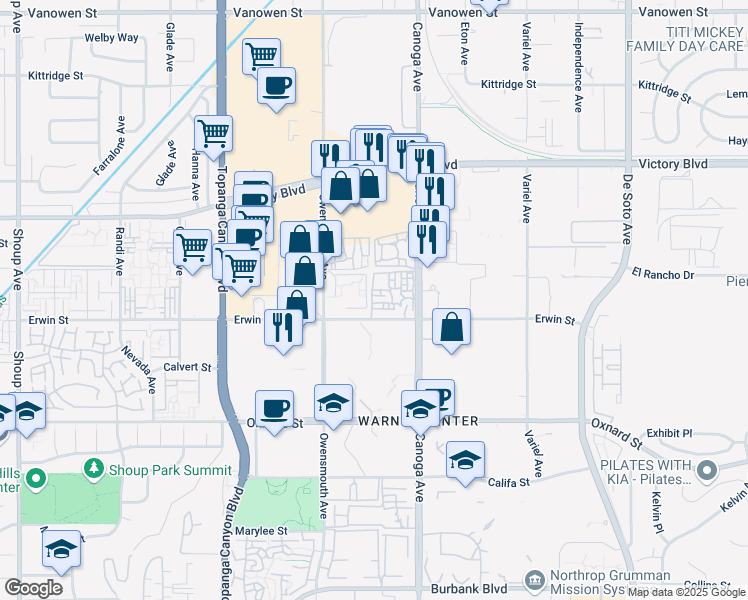 map of restaurants, bars, coffee shops, grocery stores, and more near 21545 Erwin Street in Los Angeles
