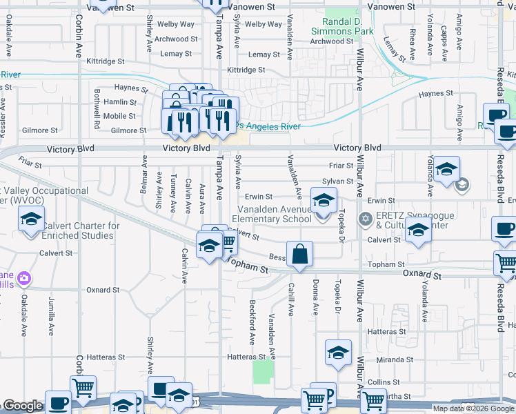 map of restaurants, bars, coffee shops, grocery stores, and more near 19175 Jovan Street in Los Angeles