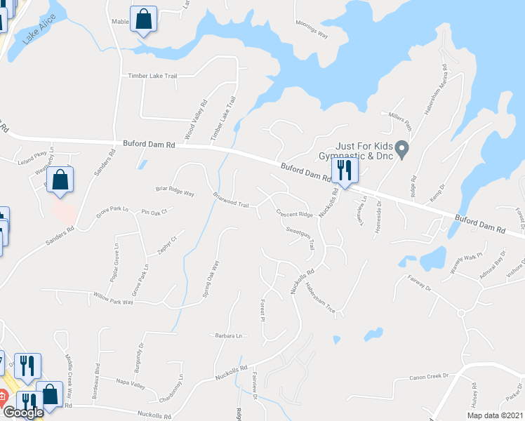map of restaurants, bars, coffee shops, grocery stores, and more near 2105 Hickory Cove in Cumming