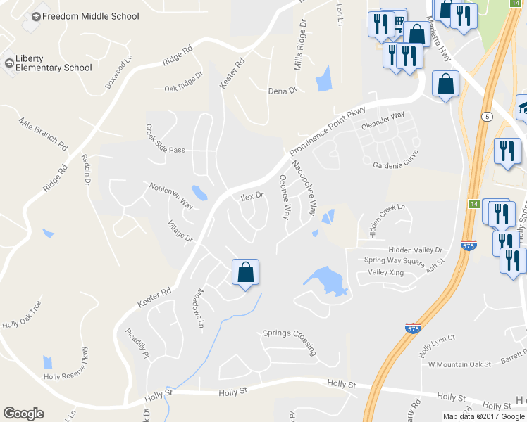 map of restaurants, bars, coffee shops, grocery stores, and more near 141 Ilex Dr in Canton
