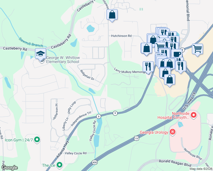 map of restaurants, bars, coffee shops, grocery stores, and more near 3692 Claredun Court in Cumming