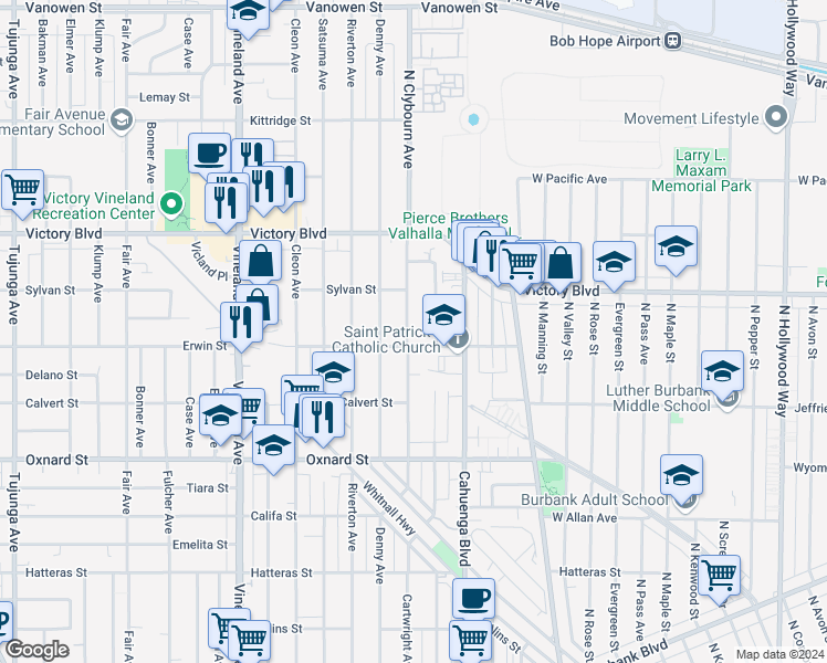 map of restaurants, bars, coffee shops, grocery stores, and more near 6210 Cartwright Avenue in Los Angeles