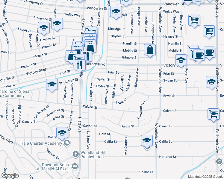 map of restaurants, bars, coffee shops, grocery stores, and more near 6221 Glide Avenue in Los Angeles