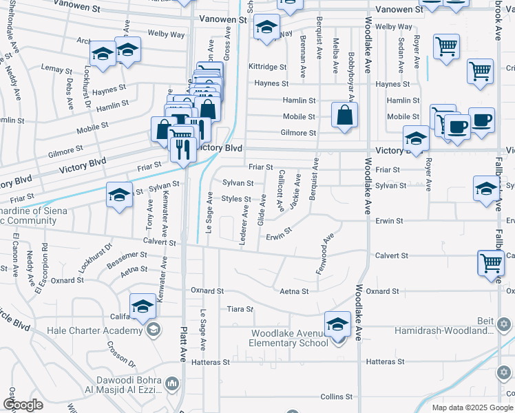 map of restaurants, bars, coffee shops, grocery stores, and more near 6221 Glide Avenue in Los Angeles