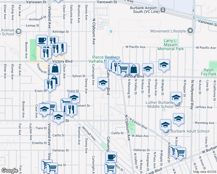 map of restaurants, bars, coffee shops, grocery stores, and more near 6225 Cahuenga Boulevard in Los Angeles