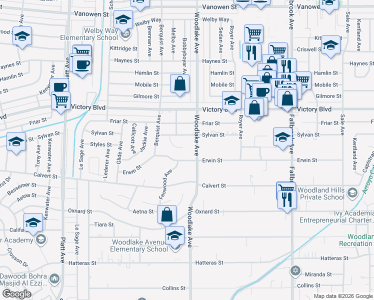 map of restaurants, bars, coffee shops, grocery stores, and more near 6201 Melba Avenue in Los Angeles