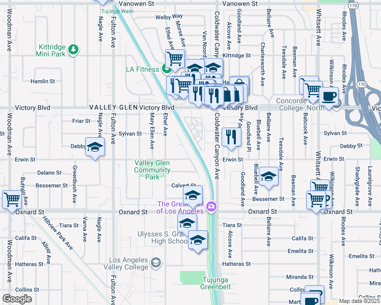 map of restaurants, bars, coffee shops, grocery stores, and more near 6218 Van Noord Avenue in Los Angeles