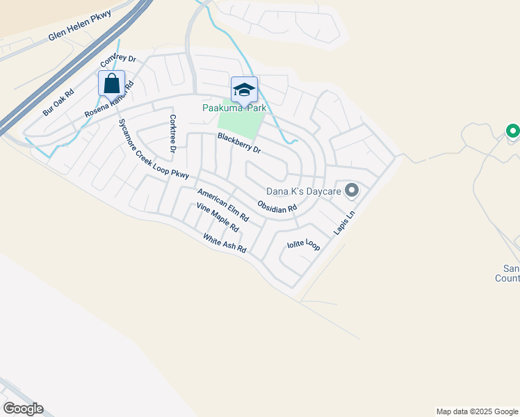 map of restaurants, bars, coffee shops, grocery stores, and more near 3861 Obsidian Road in San Bernardino