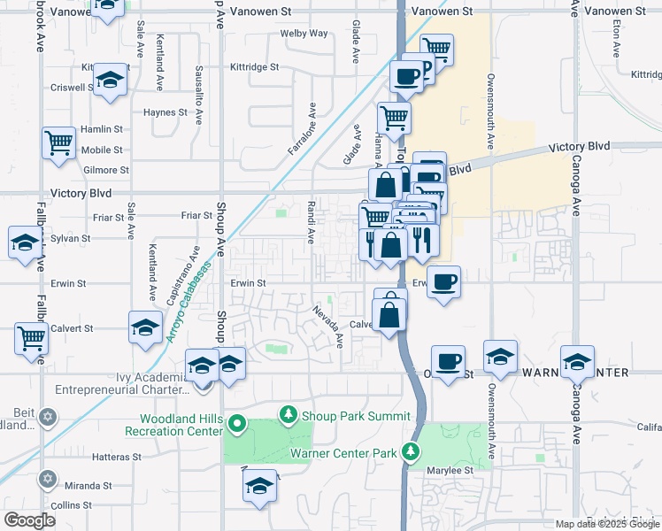 map of restaurants, bars, coffee shops, grocery stores, and more near 22121 Erwin Street in Los Angeles