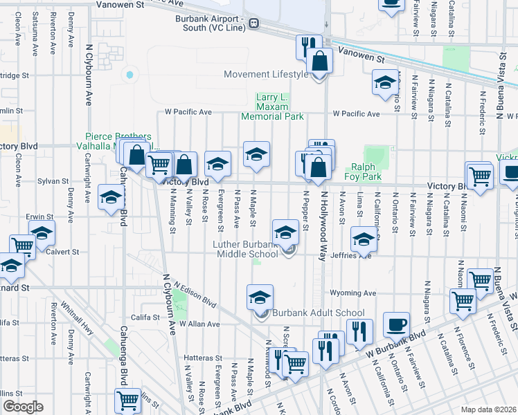 map of restaurants, bars, coffee shops, grocery stores, and more near 1918 North Maple Street in Burbank