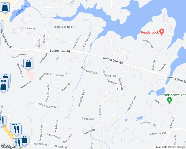 map of restaurants, bars, coffee shops, grocery stores, and more near 2115 Briarwood Trail in Cumming