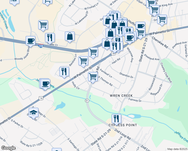 map of restaurants, bars, coffee shops, grocery stores, and more near 2200 West Driftwood Avenue in Florence