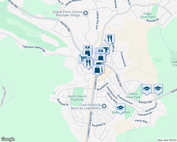 map of restaurants, bars, coffee shops, grocery stores, and more near 1125 Lindero Canyon Road in Westlake Village