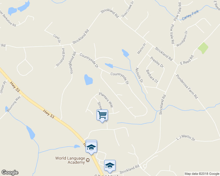 map of restaurants, bars, coffee shops, grocery stores, and more near 4840 Countryside Drive in Flowery Branch