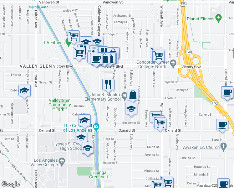 map of restaurants, bars, coffee shops, grocery stores, and more near 6215 Goodland Place in Los Angeles