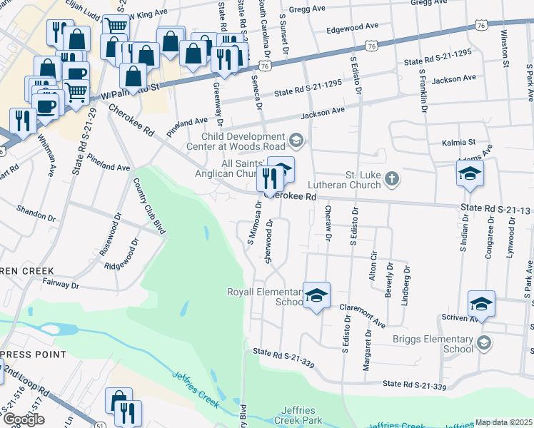 map of restaurants, bars, coffee shops, grocery stores, and more near 905 Sherwood Drive in Florence