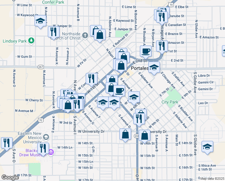 map of restaurants, bars, coffee shops, grocery stores, and more near 217 South Avenue C in Portales