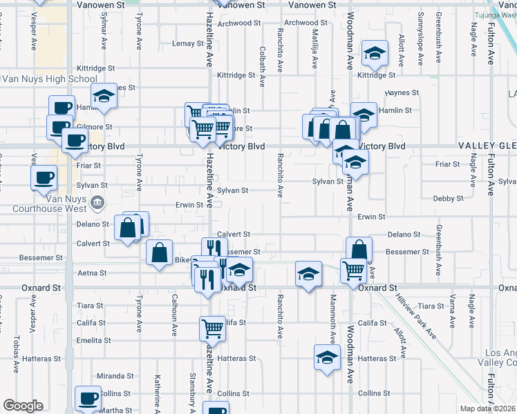 map of restaurants, bars, coffee shops, grocery stores, and more near 6219 Colbath Avenue in Los Angeles