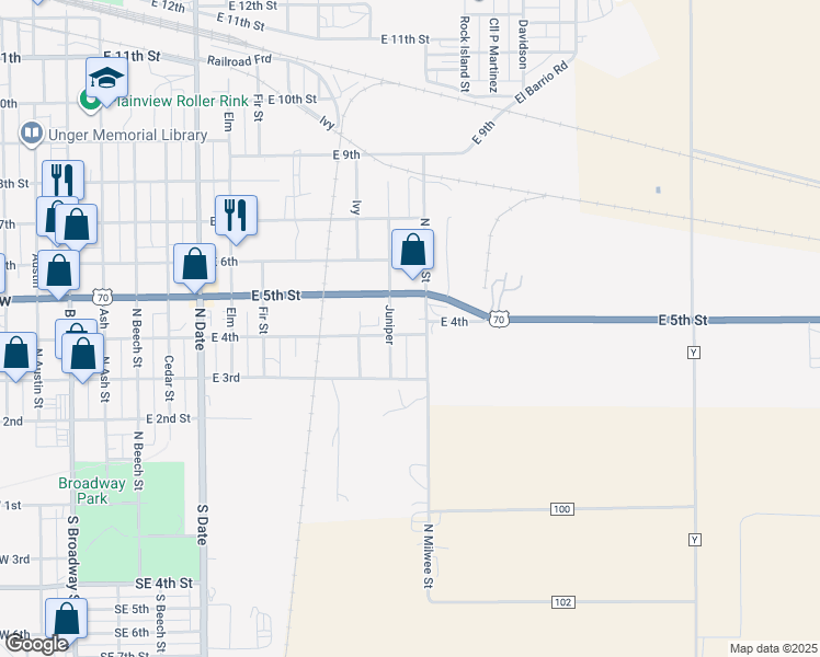 map of restaurants, bars, coffee shops, grocery stores, and more near 1107 East 4th in Plainview
