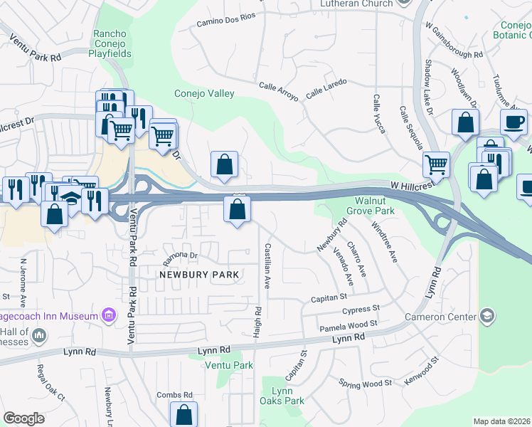 map of restaurants, bars, coffee shops, grocery stores, and more near 375 Castilian Avenue in Thousand Oaks