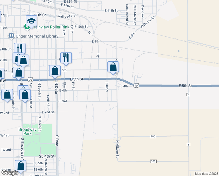 map of restaurants, bars, coffee shops, grocery stores, and more near 1107 E 4th St in Plainview