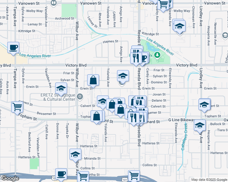 map of restaurants, bars, coffee shops, grocery stores, and more near 18628 Erwin Street in Los Angeles