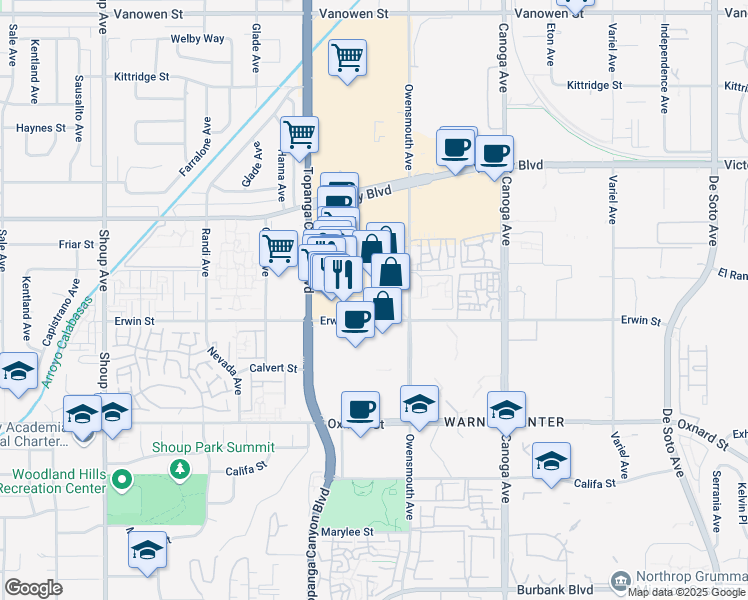 map of restaurants, bars, coffee shops, grocery stores, and more near 21747 Erwin Street in Los Angeles