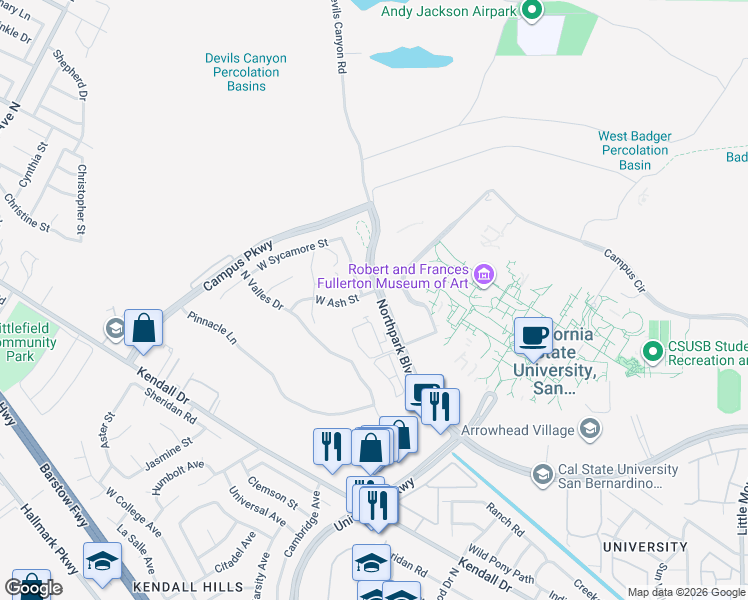 map of restaurants, bars, coffee shops, grocery stores, and more near 1805 West Ash Street in San Bernardino