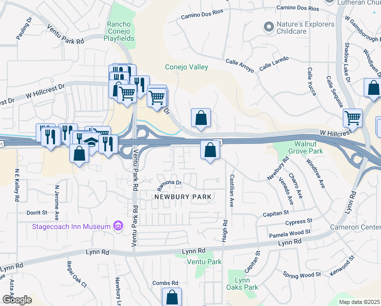map of restaurants, bars, coffee shops, grocery stores, and more near 1180 Newbury Road in Thousand Oaks