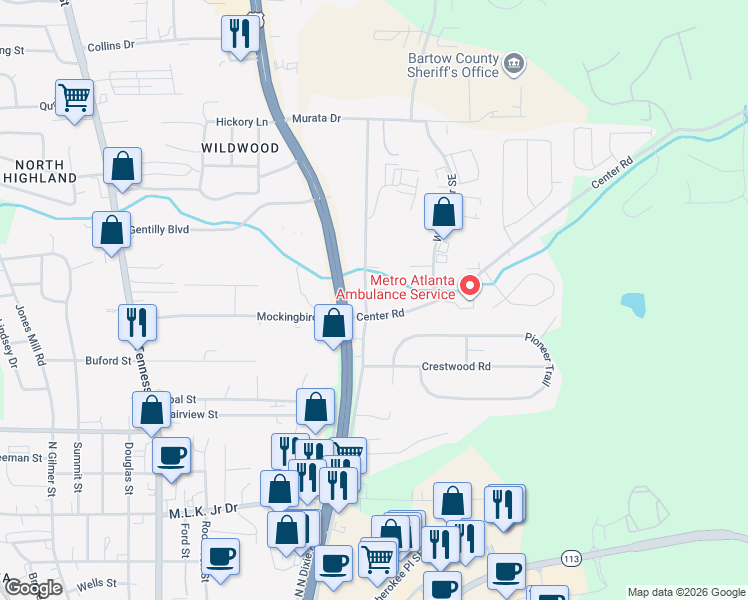 map of restaurants, bars, coffee shops, grocery stores, and more near 13 Center Road Southeast in Cartersville