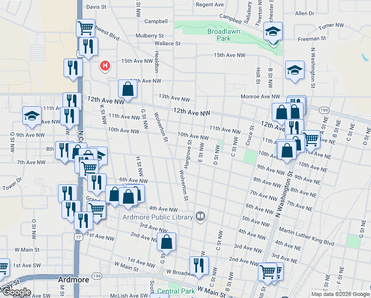 map of restaurants, bars, coffee shops, grocery stores, and more near 819 Hargrove Street in Ardmore