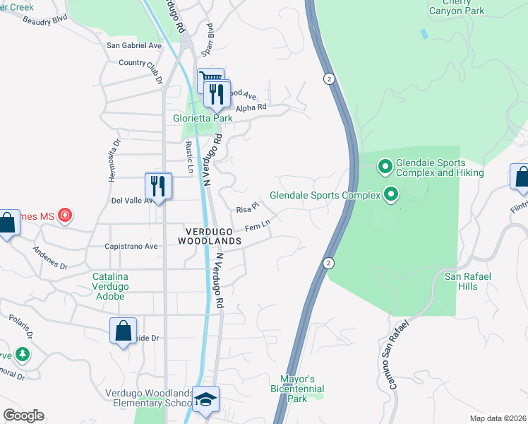 map of restaurants, bars, coffee shops, grocery stores, and more near 2431 Las Positas Road in Glendale