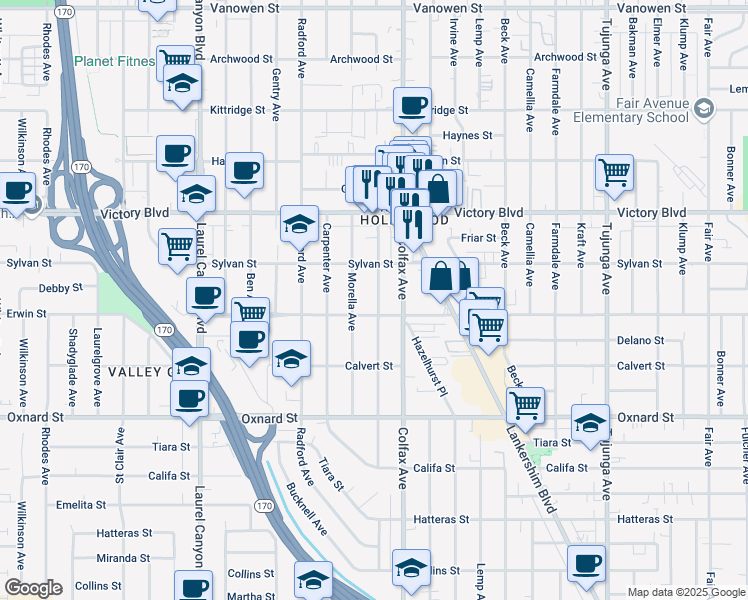 map of restaurants, bars, coffee shops, grocery stores, and more near 6221 Simpson Avenue in Los Angeles