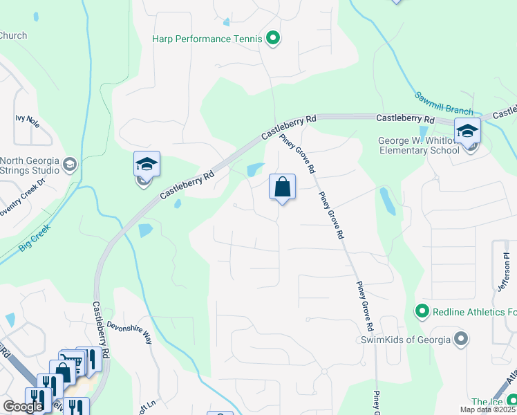 map of restaurants, bars, coffee shops, grocery stores, and more near 4965 Kings Common Way in Cumming
