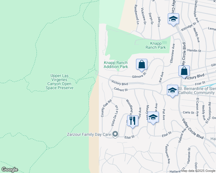 map of restaurants, bars, coffee shops, grocery stores, and more near 6153 County Oak Road in Los Angeles