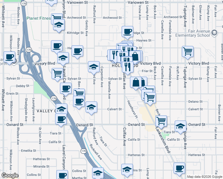 map of restaurants, bars, coffee shops, grocery stores, and more near 6220 Morella Avenue in Los Angeles