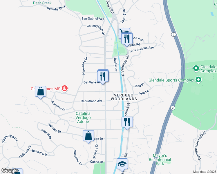 map of restaurants, bars, coffee shops, grocery stores, and more near 2512 Canada Boulevard in Glendale