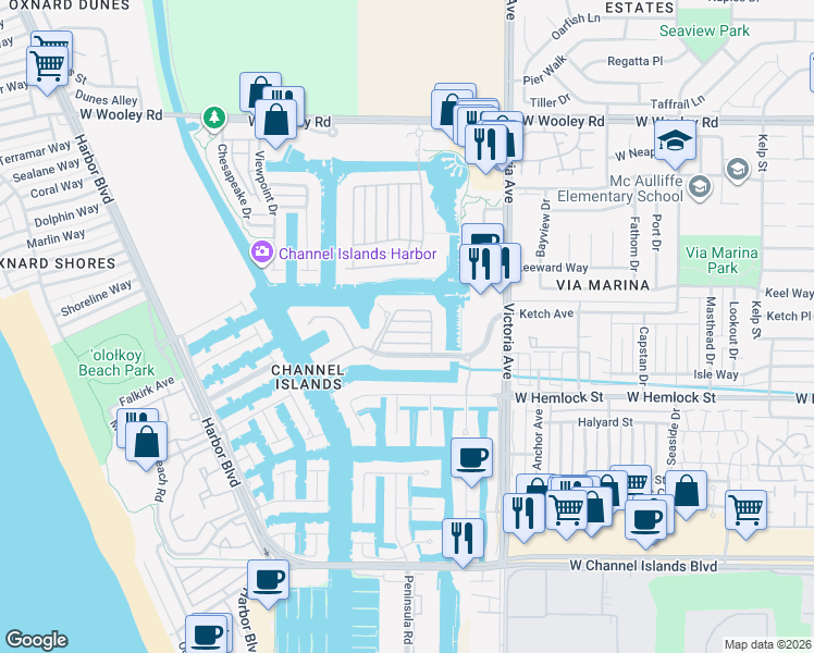 map of restaurants, bars, coffee shops, grocery stores, and more near 4063 Galapagos Way in Oxnard