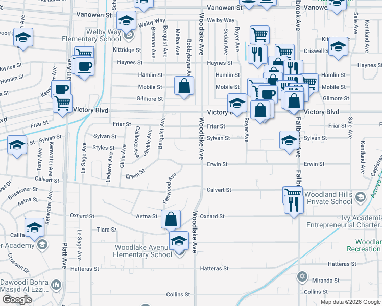 map of restaurants, bars, coffee shops, grocery stores, and more near 6201 Melba Avenue in Los Angeles
