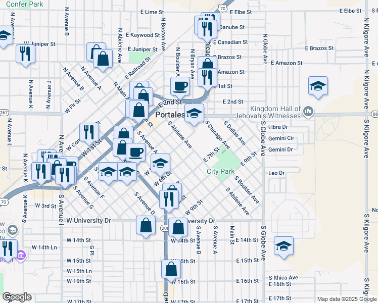 map of restaurants, bars, coffee shops, grocery stores, and more near 509 South Main Avenue in Portales