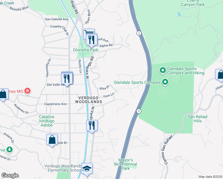 map of restaurants, bars, coffee shops, grocery stores, and more near 2431 Las Positas Road in Glendale