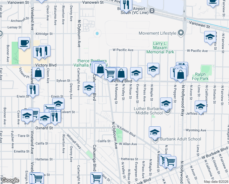 map of restaurants, bars, coffee shops, grocery stores, and more near 2014 North Clybourn Avenue in Burbank