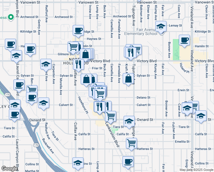 map of restaurants, bars, coffee shops, grocery stores, and more near 6212 Beck Avenue in Los Angeles