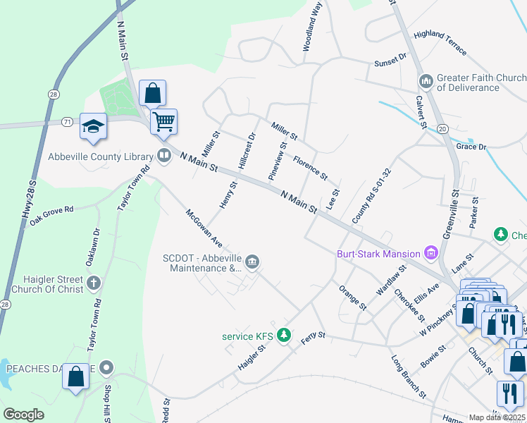 map of restaurants, bars, coffee shops, grocery stores, and more near 1107 North Main Street in Abbeville