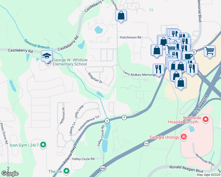 map of restaurants, bars, coffee shops, grocery stores, and more near 3692 Claredun Court in Cumming