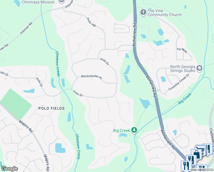map of restaurants, bars, coffee shops, grocery stores, and more near 6470 Westchester Place in Cumming